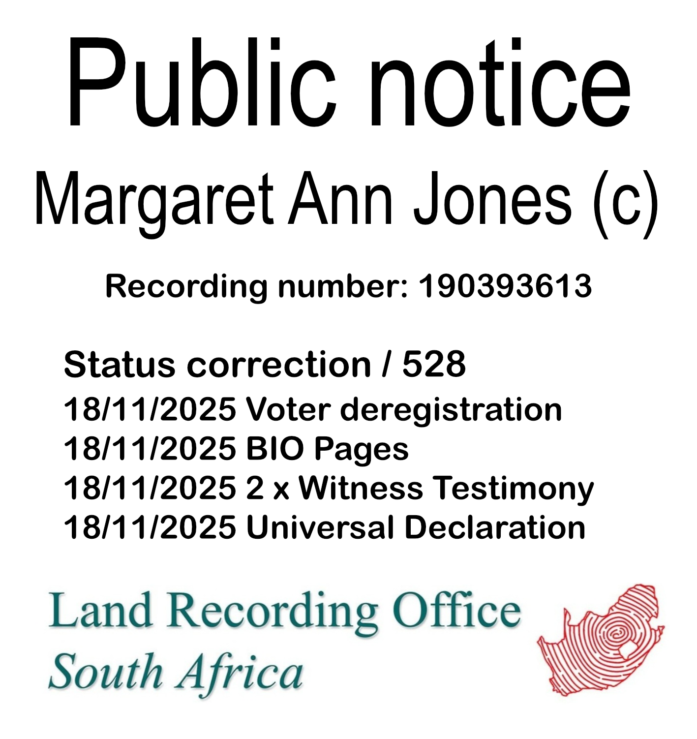 Public notice Margaret Ann Jones Recording number 190393613
